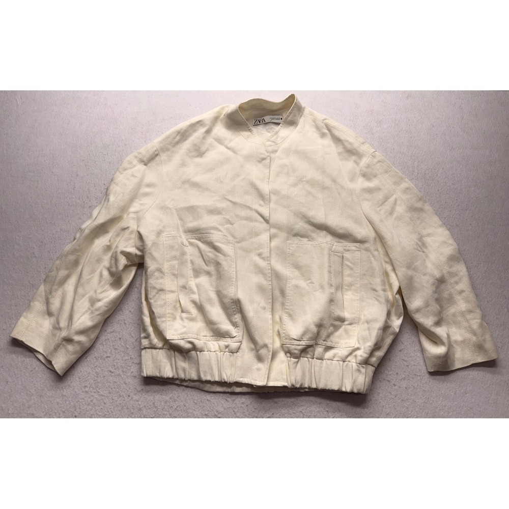 Zara Womens Cream Linen Blend Oversized Bomber Jacket Pockets Off White Medium